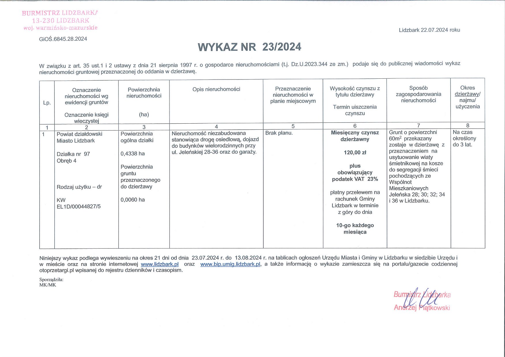 Wykaz Nr 23/2024 - Nieruchomość gruntowa do dzierżawy - Lidzbark, ul. Jeleńska, obr. 4,  dz. nr 97
